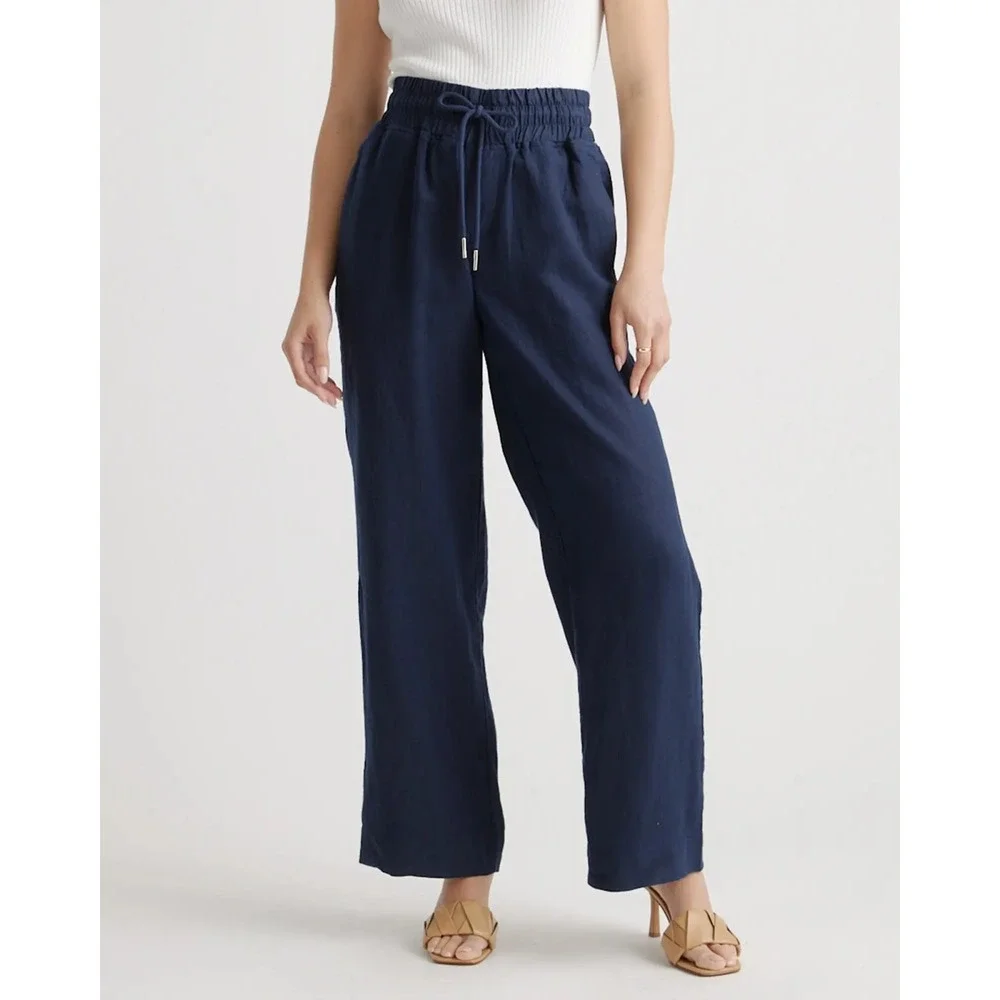 Quince 100% European Linen Wide Leg Pants M Navy Blue Pull On Drawstring Capsule